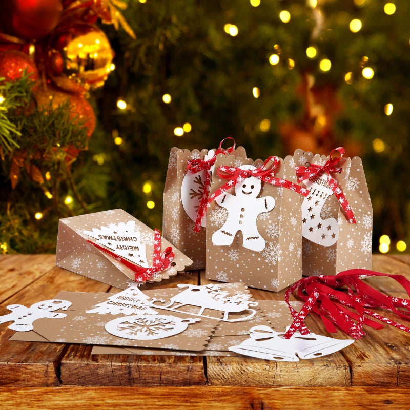 iefoah 24pcs Christmas Goody Bags Bulk Christmas Kraft Gift Bags with Snowflake Ribbons Gingerbread Christmas Tags for Holiday Party Supplies - Image 5